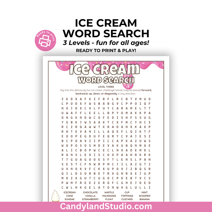 Ice Cream Word Search Printable - Fun Summer Puzzles & Birthday Party Games