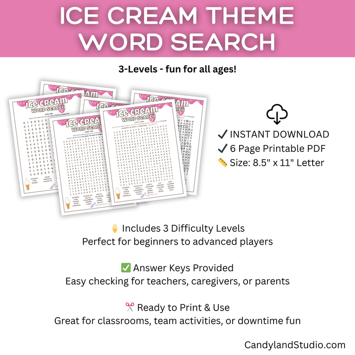 Ice Cream Word Search Printable - Fun Summer Puzzles & Birthday Party Games