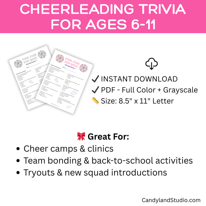 Cheerleader Trivia Game – Printable Pop Quiz PDF for Kids Ages 6-11