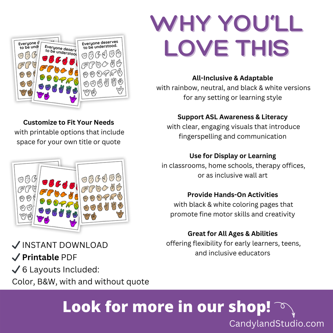 ASL Alphabet Poster - Printable Rainbow, Neutral & Black and White Bundle