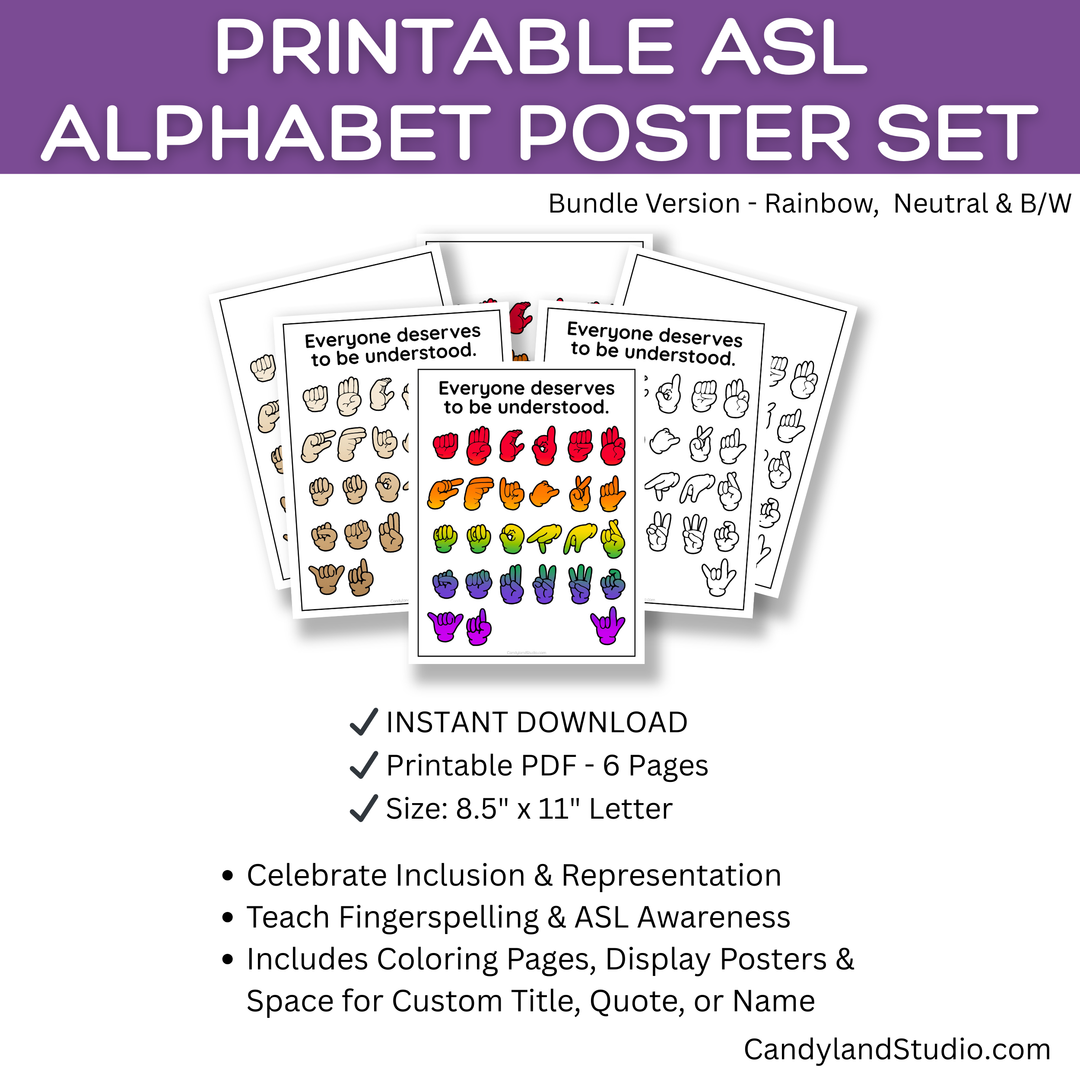 ASL Alphabet Poster - Printable Rainbow, Neutral & Black and White Bundle