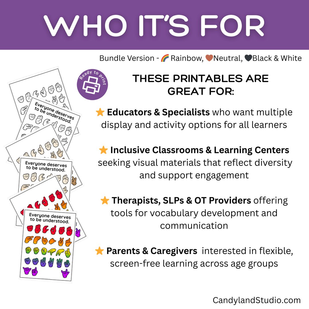 ASL Alphabet Poster - Printable Rainbow, Neutral & Black and White Bundle