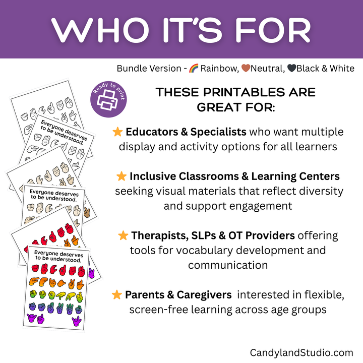 ASL Alphabet Poster - Printable Rainbow, Neutral & Black and White Bundle