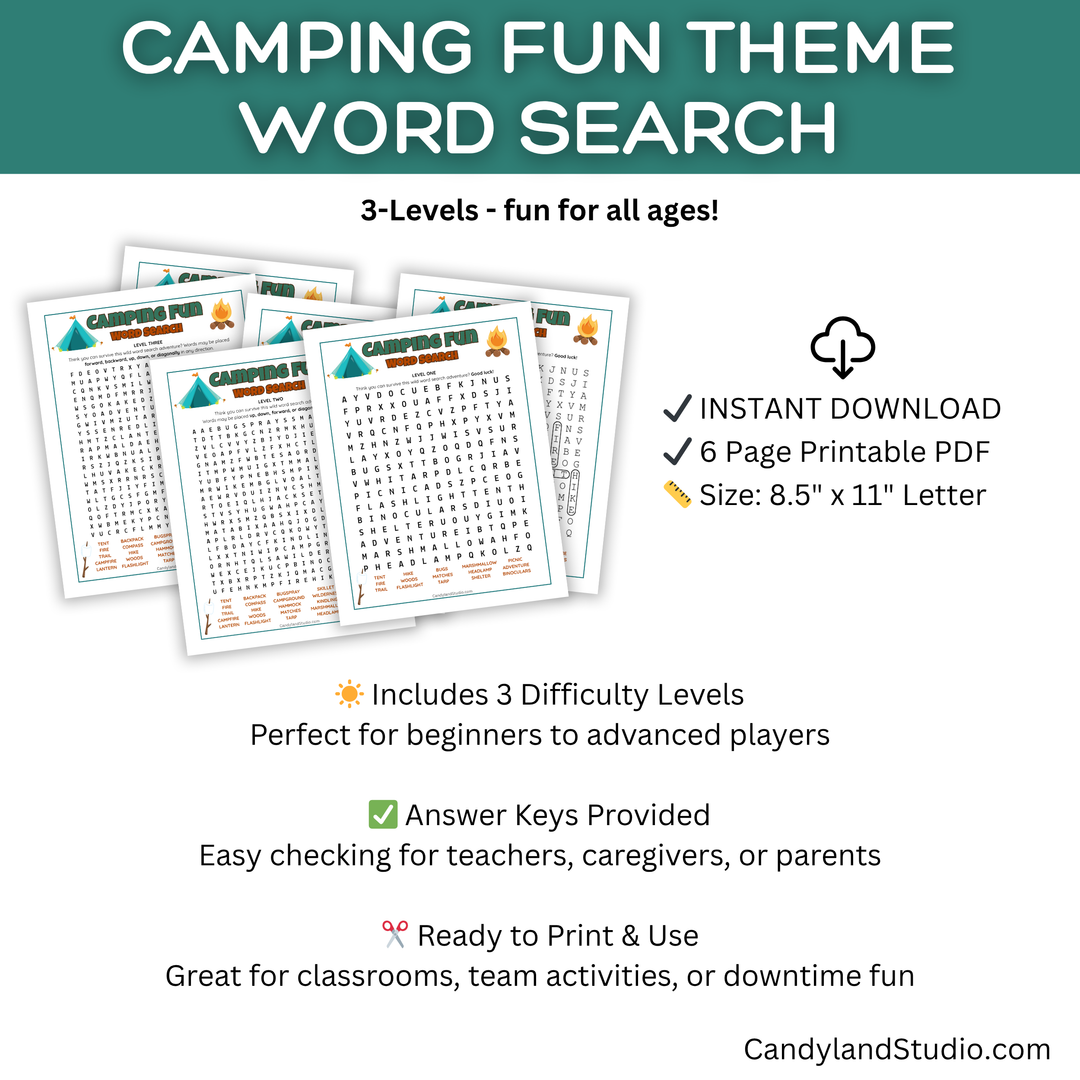 Camping Word Search Printable – 3 Level Puzzles with Clipart Style Fun