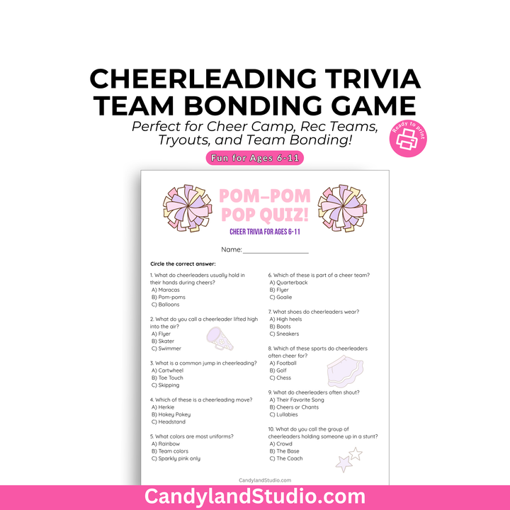 Cheerleader Trivia Game – Printable Pop Quiz PDF for Kids Ages 6-11