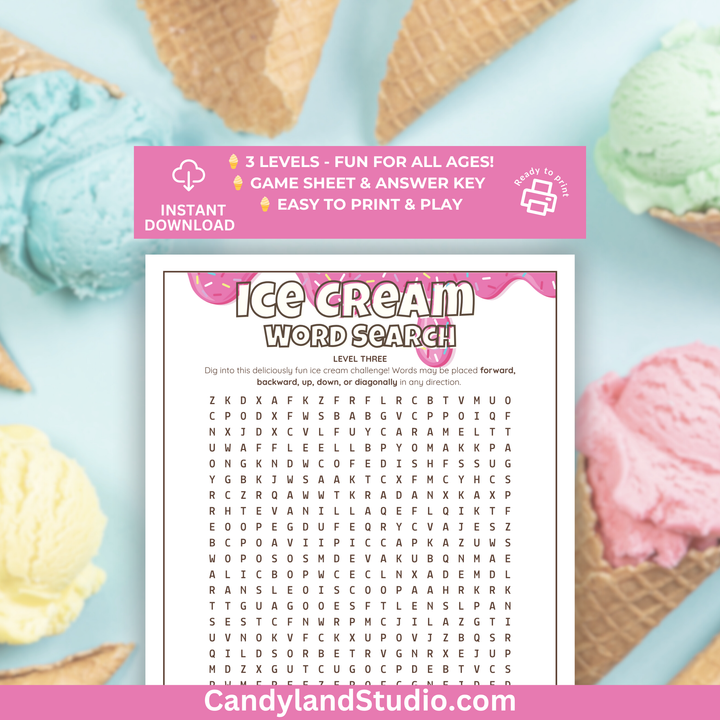Ice Cream Word Search Printable - Fun Summer Puzzles & Birthday Party Games