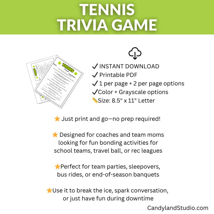 Tennis Trivia Game - Printable Sports Quiz for Classroom & Family Fun