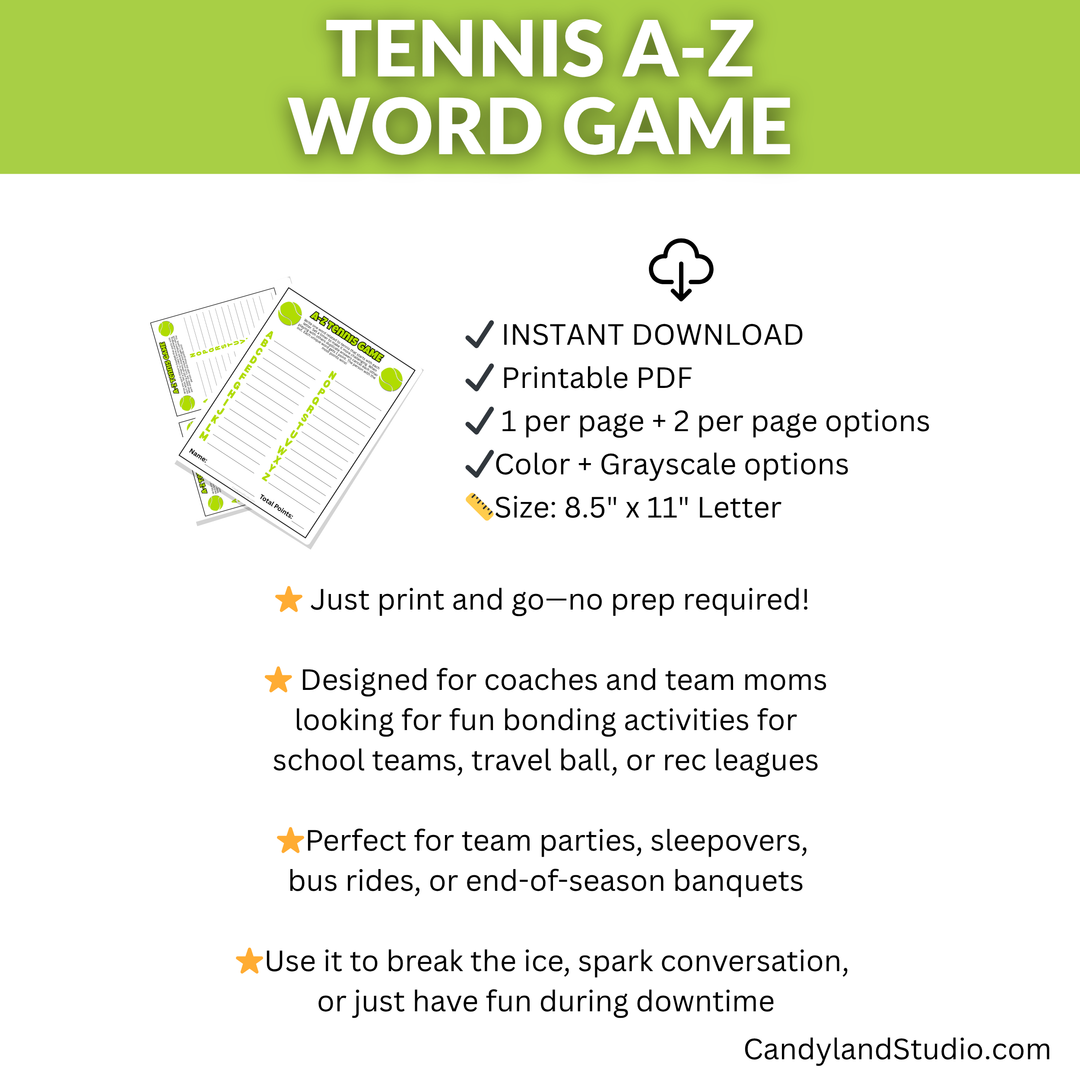 Tennis Word Game - Printable Tennis Team Activity for Travel & Practice Fun