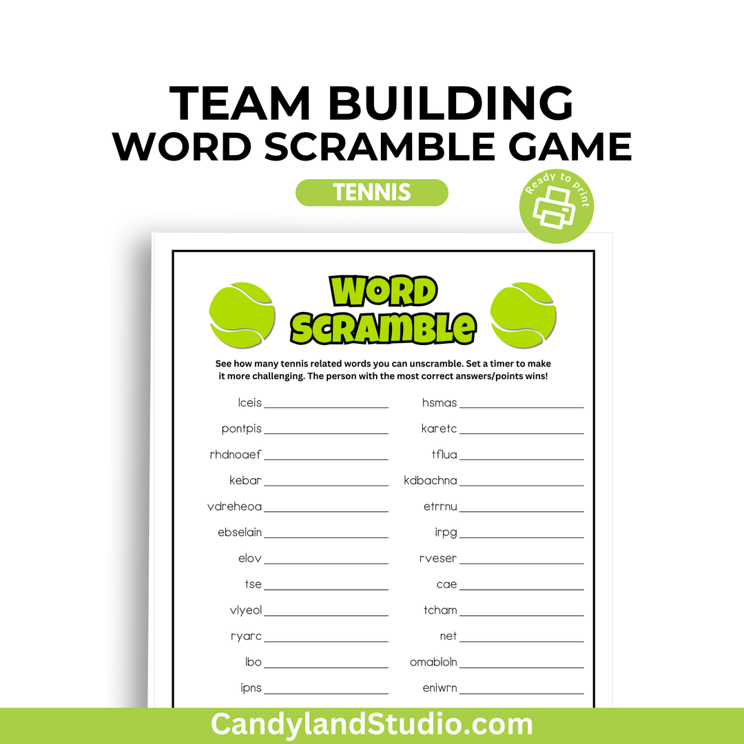 Tennis Word Scramble - Team Game Printable PDF for Sports Party Fun