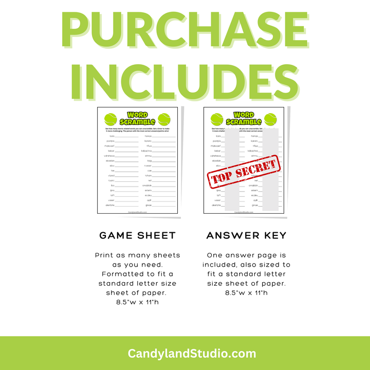 Tennis Word Scramble - Team Game Printable PDF for Sports Party Fun