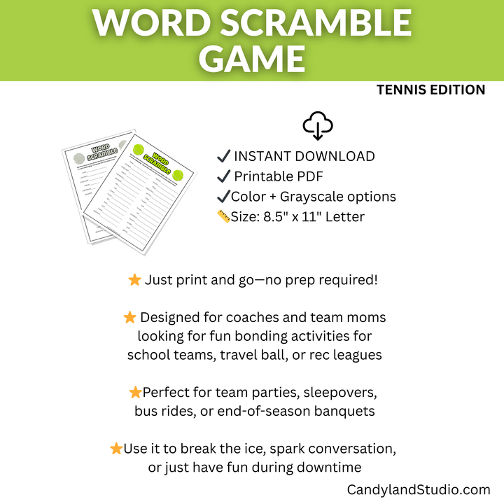 Tennis Word Scramble - Team Game Printable PDF for Sports Party Fun