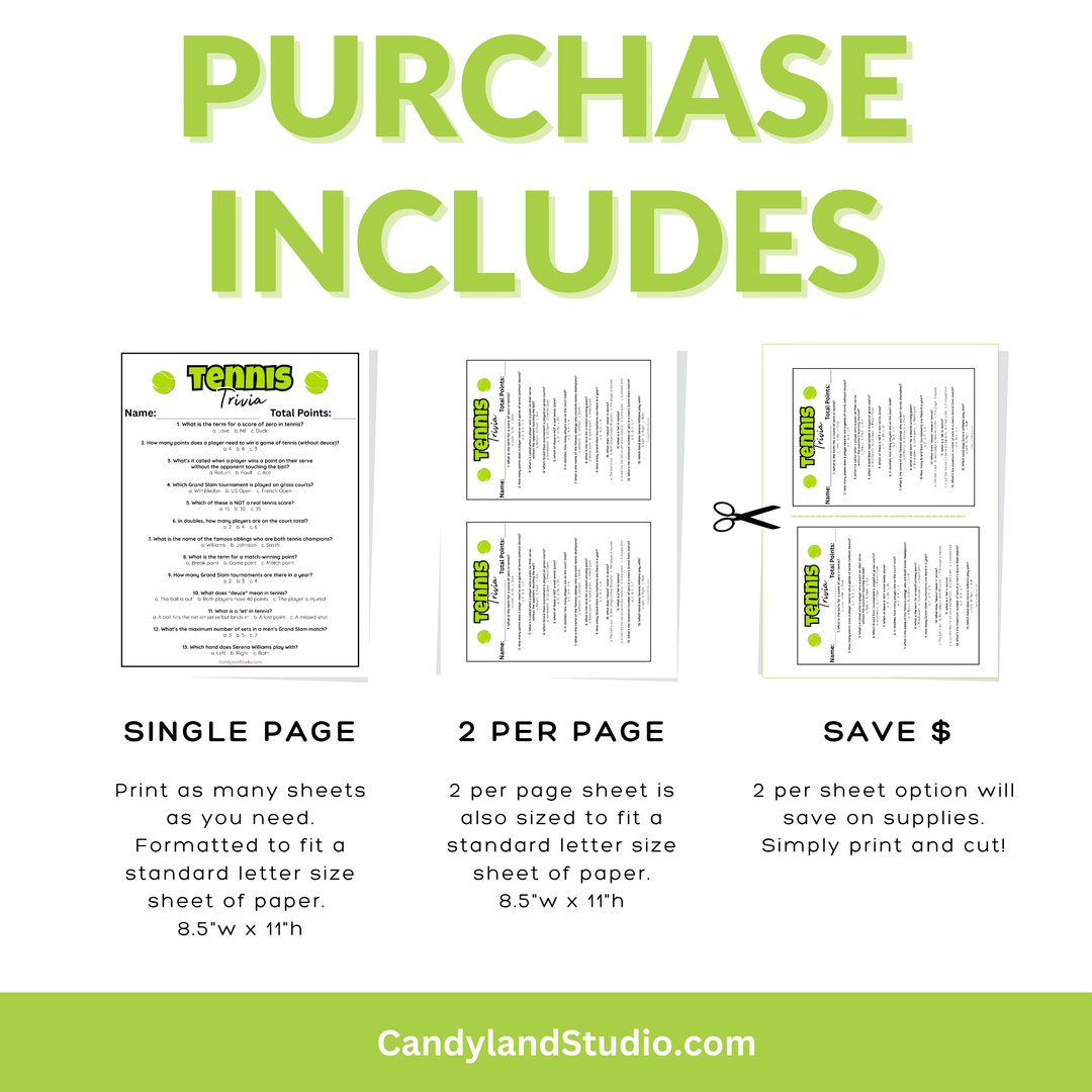 Tennis Trivia Game - Printable Sports Quiz for Classroom & Family Fun