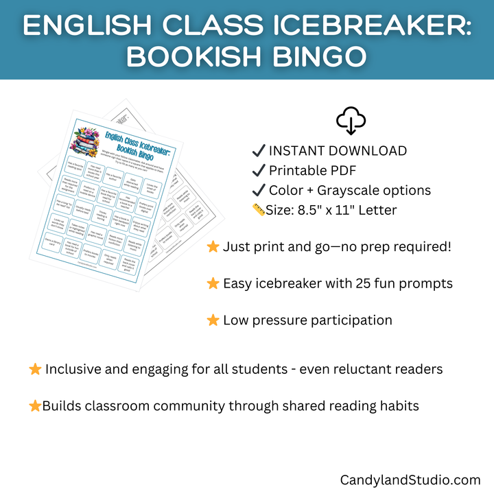 Bookish Bingo Game - English Class Icebreaker Printable Classroom Activity