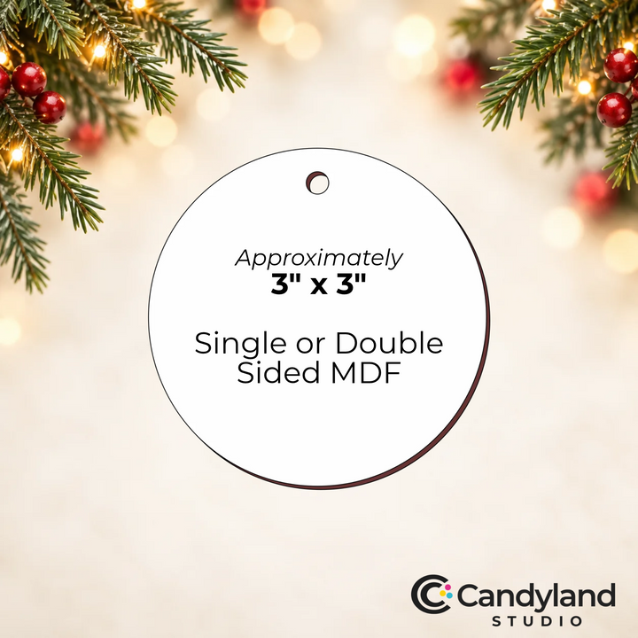 a white circle with text on it, surrounded by Christmas decorations and lights.