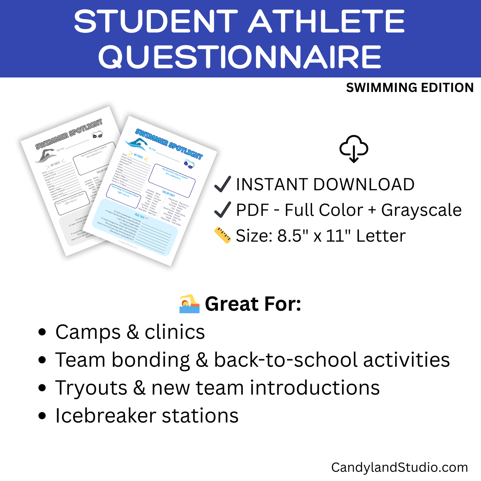 The image is a collage of two swimming spotlights, a student athlete questionnaires, and a list of activities for camps and clinics, icebreakers, and clinics.
