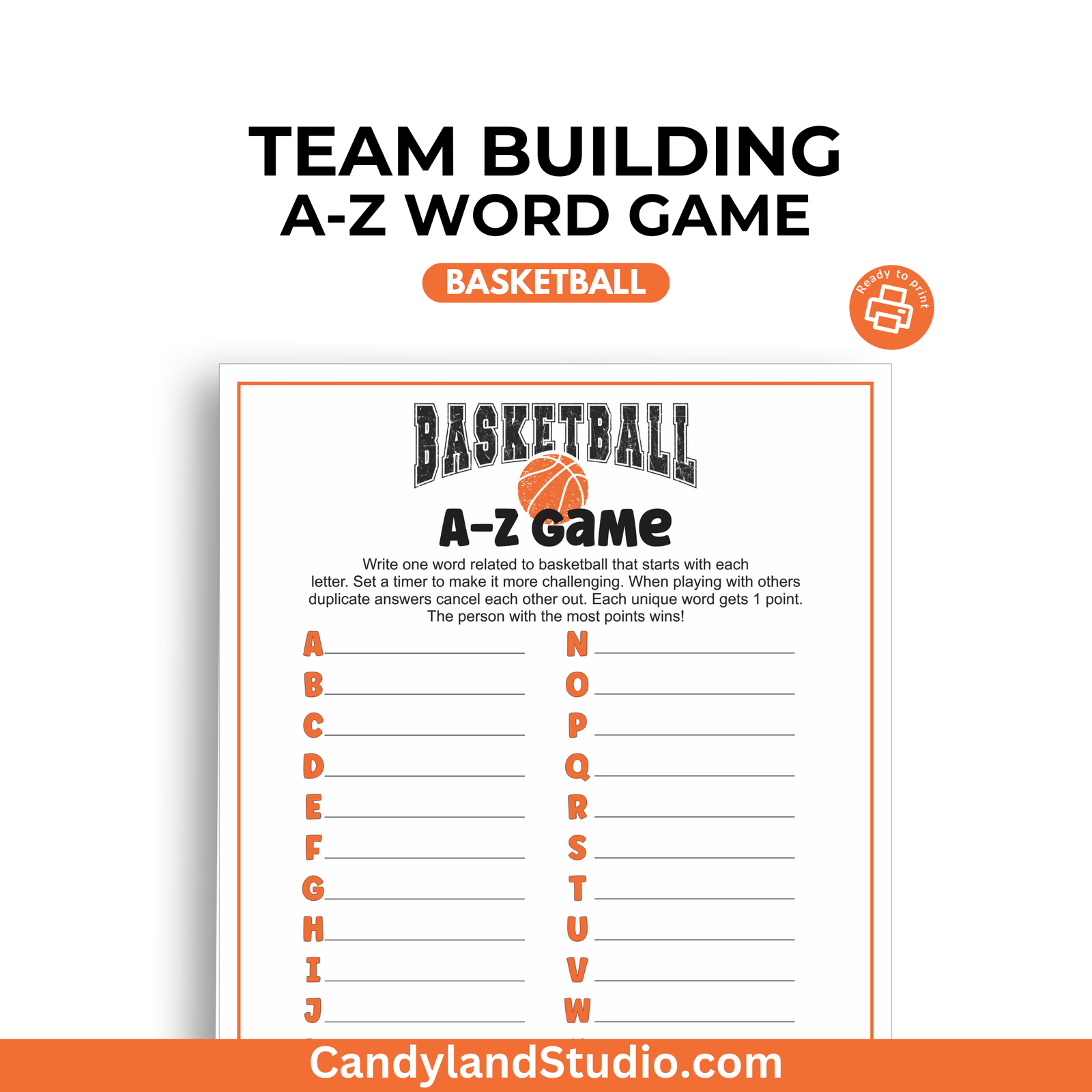 a basketball a - z game with the words team building a - z word game