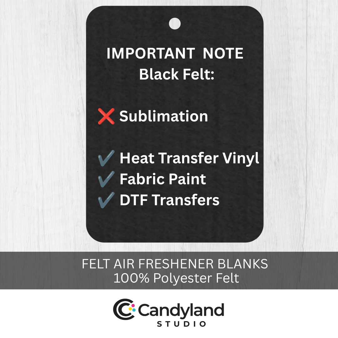 The image is an advertisement for Felt Air Freshener Blanks, highlighting that they are 100% Polyester Felt.