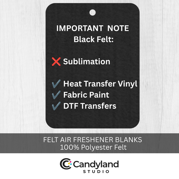 The image is an advertisement for Felt Air Freshener Blanks, highlighting that they are 100% Polyester Felt.