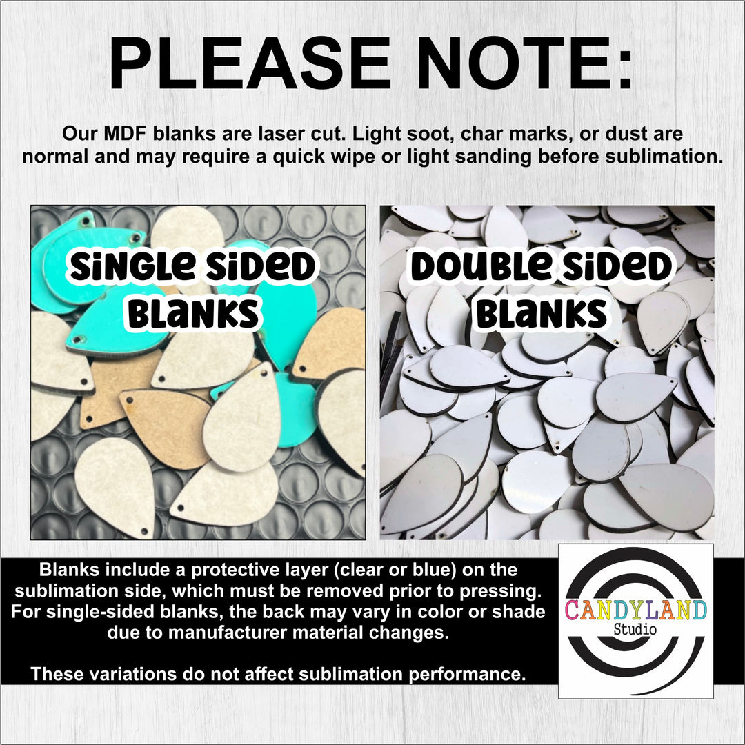 The image is a collage of two images, one showing single-sided blanks and the other showing double-sided blanks. The single-sided blanks include a protective layer, while the double-sided blanks do not have a protective layer. The text on the image indicates that these variations do not affect sublimation performance.