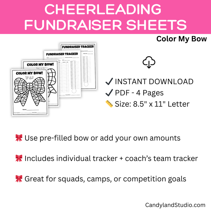 Cheer Fundraiser Printable – Color My Bow Donation Sheets & Tracker | Cute Cheerleading Fundraiser PDF