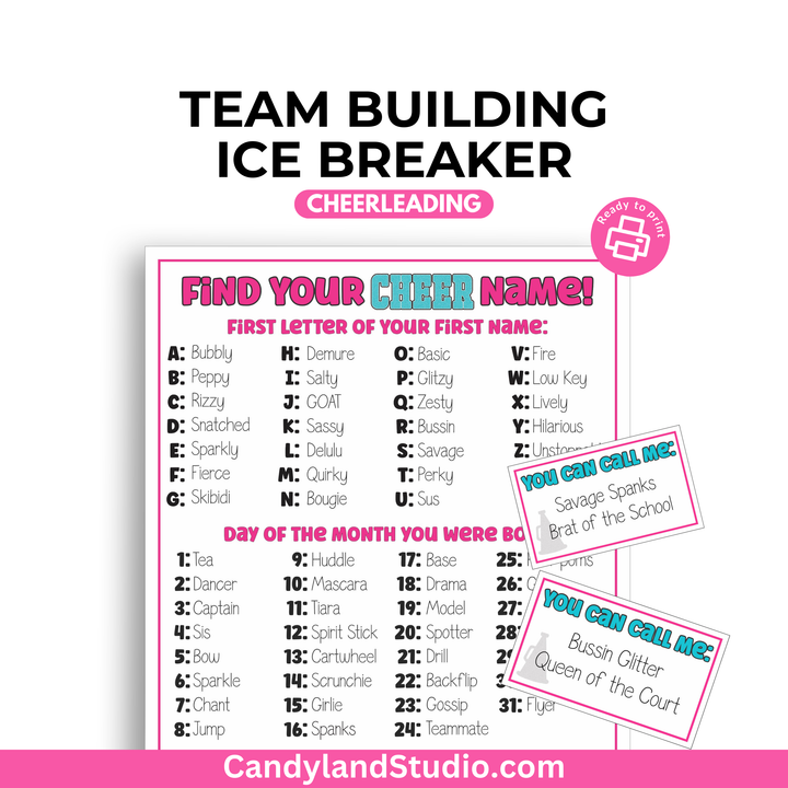a pink and white poster with the words team building ice breaker