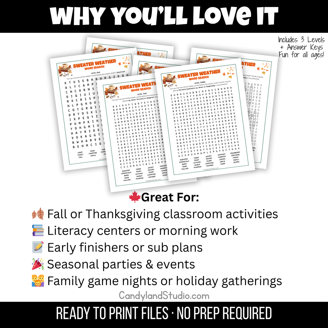 Sweater Weather Autumn Fall Theme Word Search Pack - 3 Levels