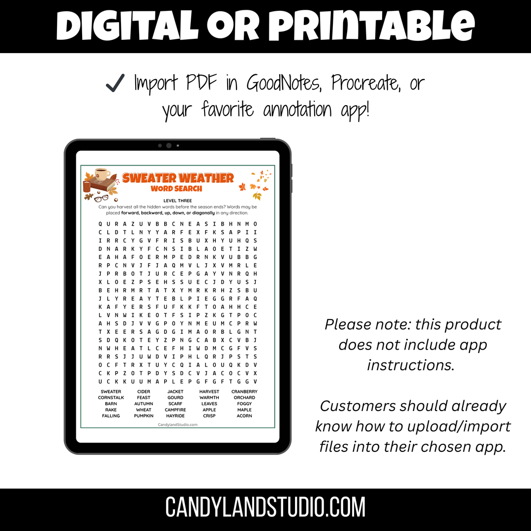 Sweater Weather Autumn Fall Theme Word Search Pack - 3 Levels
