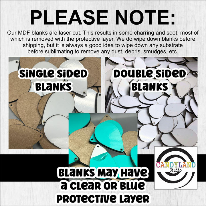 The image is a collage of three different images, each depicting a variety of blank shapes and sizes. The text in the image provides information about the blank shapes, including that they are laser cut and that they may have a protective layer. The text also mentions that the blanks may have a clear or blue protective layer.