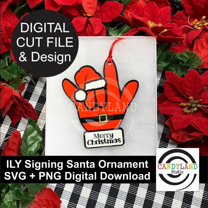 a digital cut file and design for a Santa ornament, along with a digital download for the ornament and a screenshot of the design.