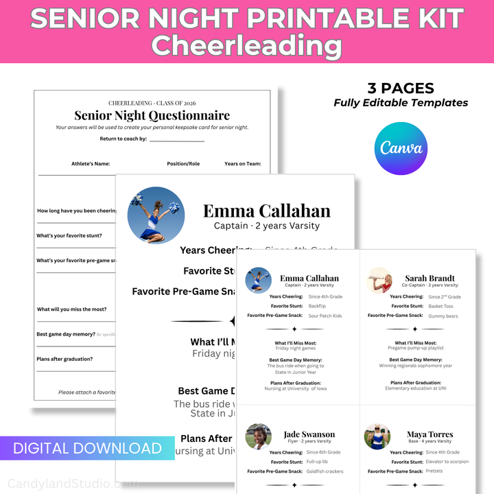 Cheerleading Senior Night Printable Kit | Keepsake Card, Squad Sheet &amp; Questionnaire Template for Canva