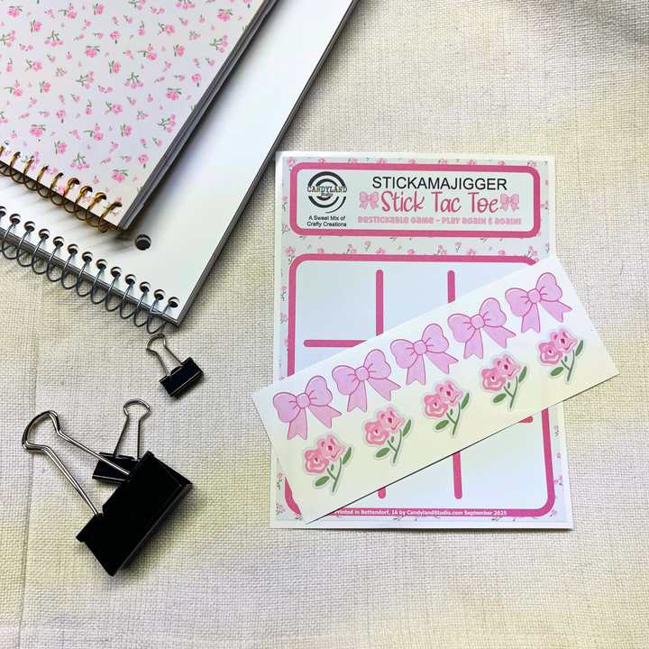 Pink Bows & Floral Reusable Tic Tac Toe Sticker Game