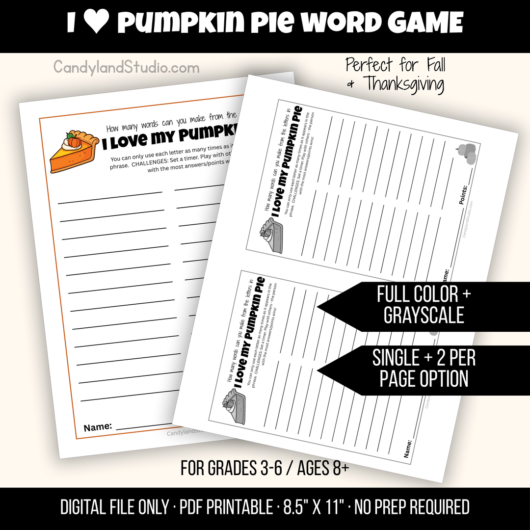 I ♥ My Pumpkin Pie Fall Theme Word Game
