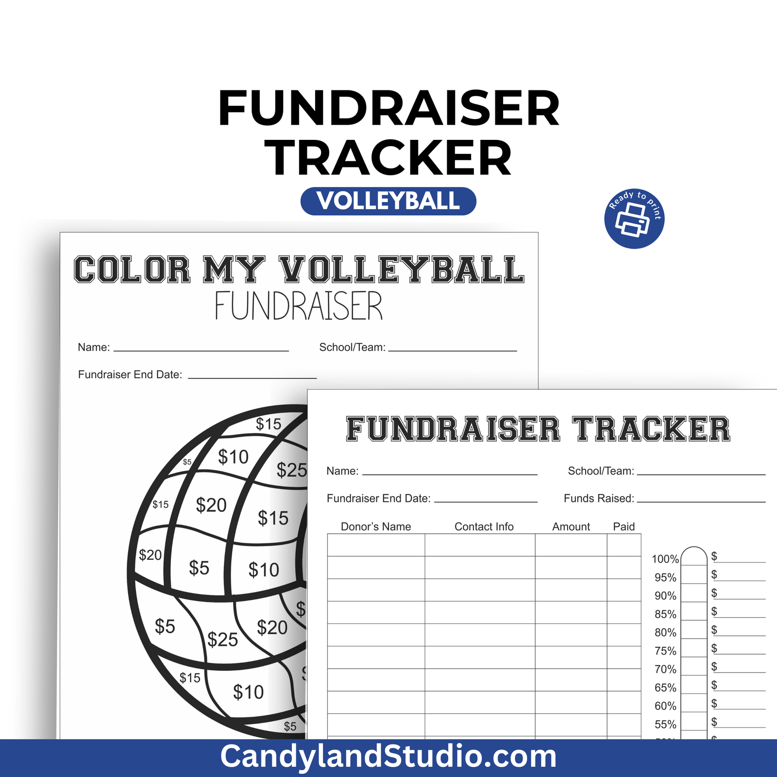 a printable fundraiser tracker with a picture of a volleyball ball