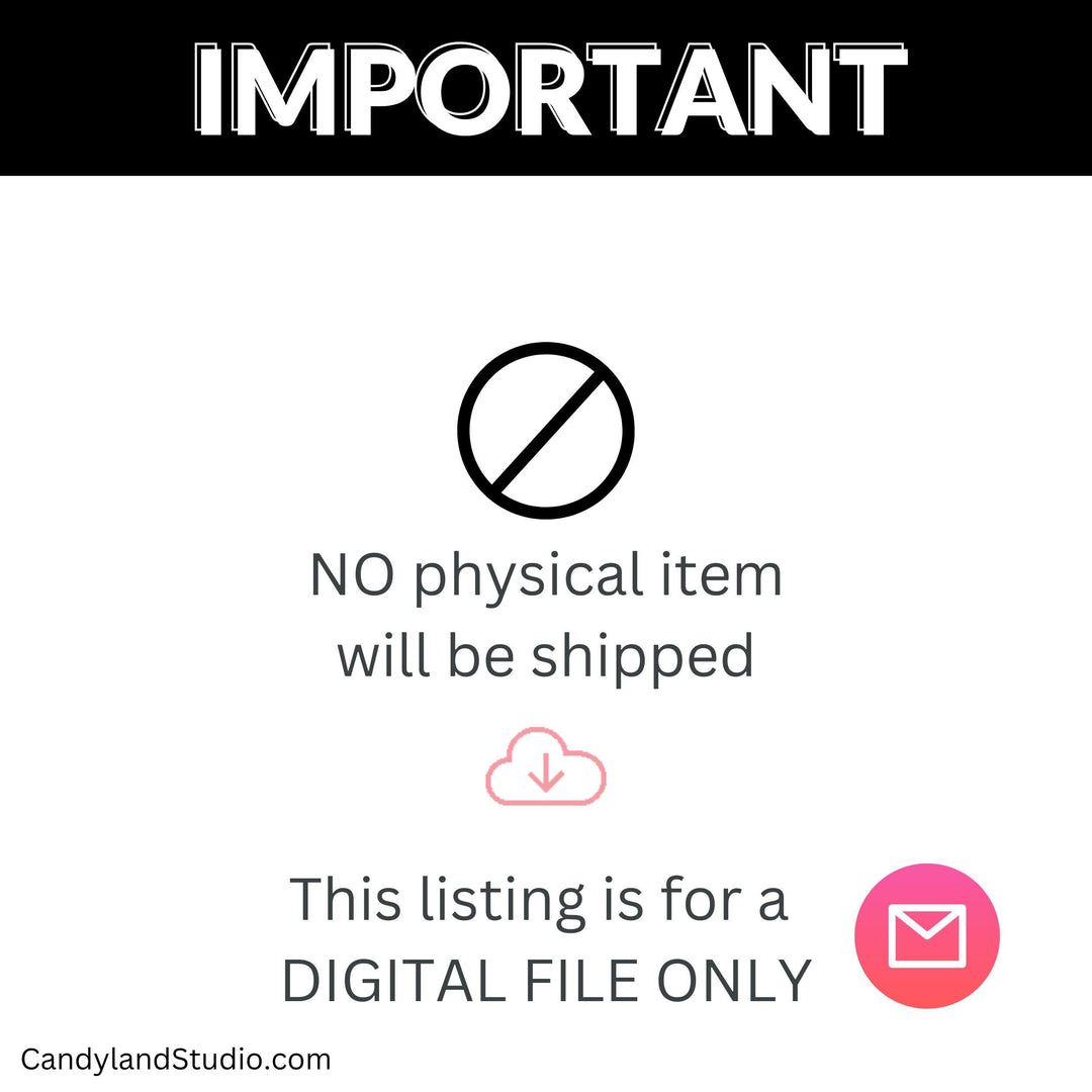 The image is a digital file listing that states that no physical item will be shipped, and it is for a digital file only.