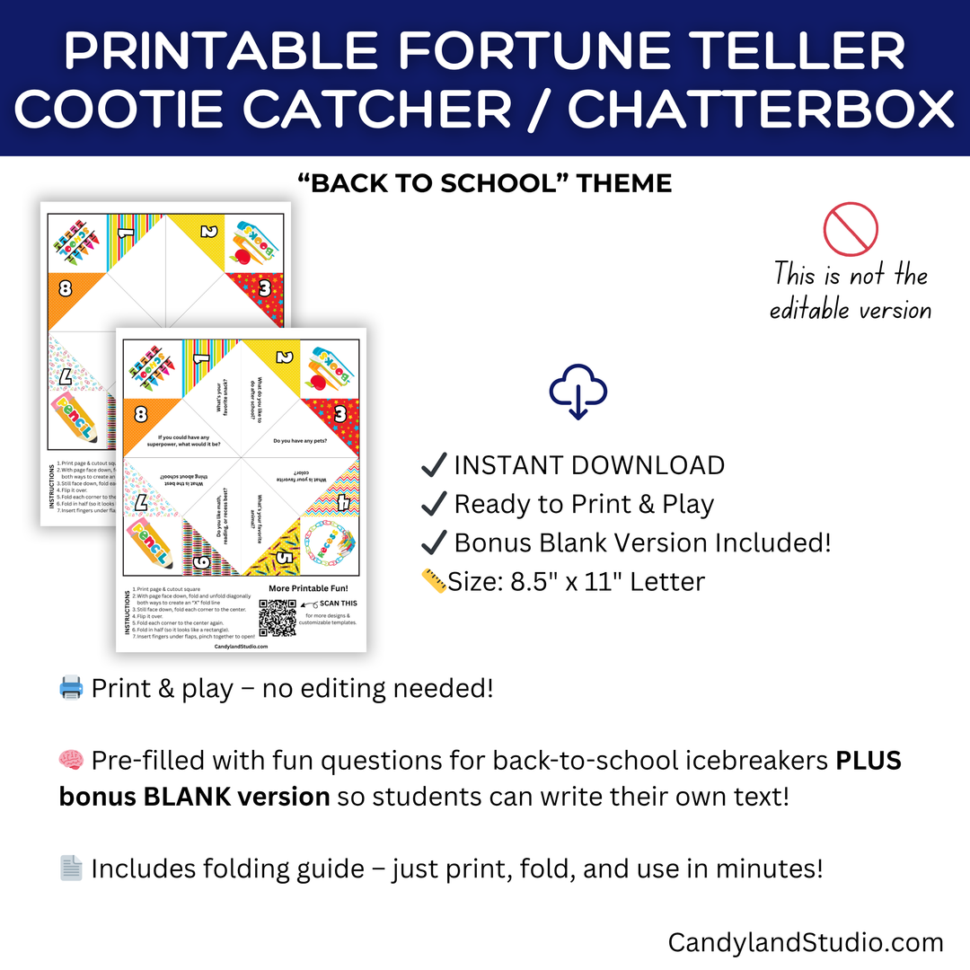 Back to School Icebreaker Fortune Teller Printable (Get to Know Me Cootie Catcher)