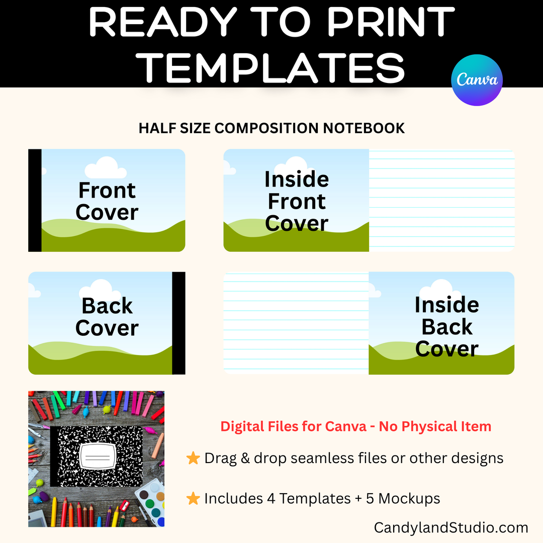 Half Size Composition Notebook Canva Template + Mockups