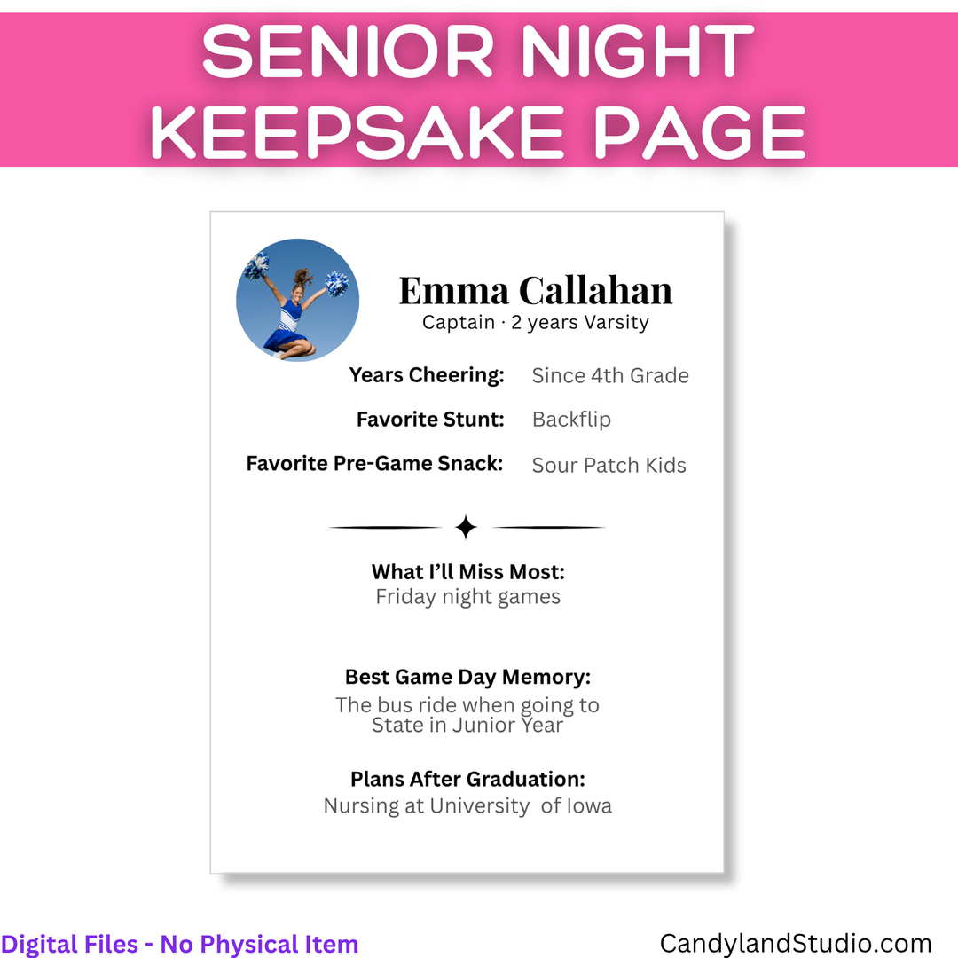 Cheerleading Senior Night Printable Kit | Keepsake Card, Squad Sheet &amp; Questionnaire Template for Canva