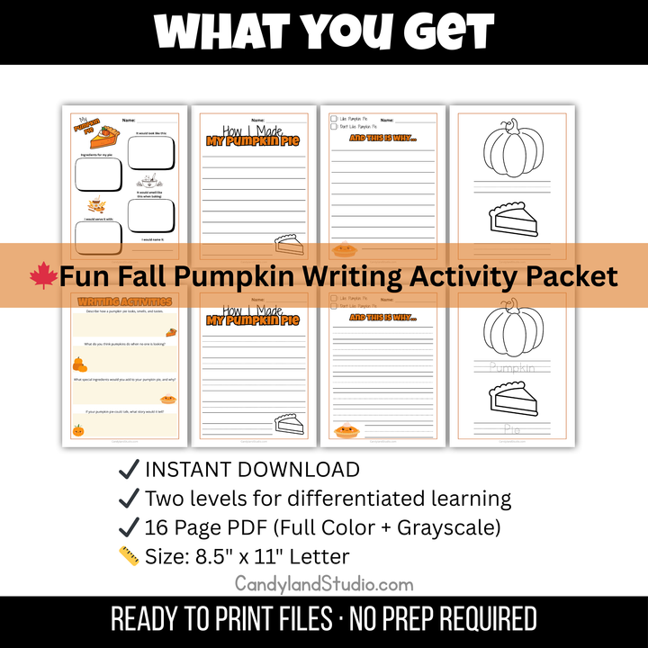 Pumpkin Pie Writing Activities (PreK–4) | Fall & Thanksgiving Printables