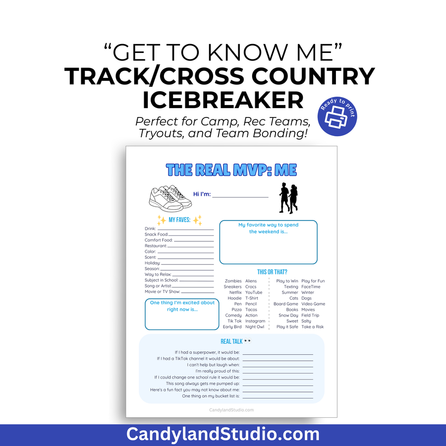 The image is a promotional poster for a "Track/Cross Country Icebreaker" designed for camp, recreational teams, and team bonding. The poster features a blue background with white text and a graphic of a person wearing a pair of sneakers.