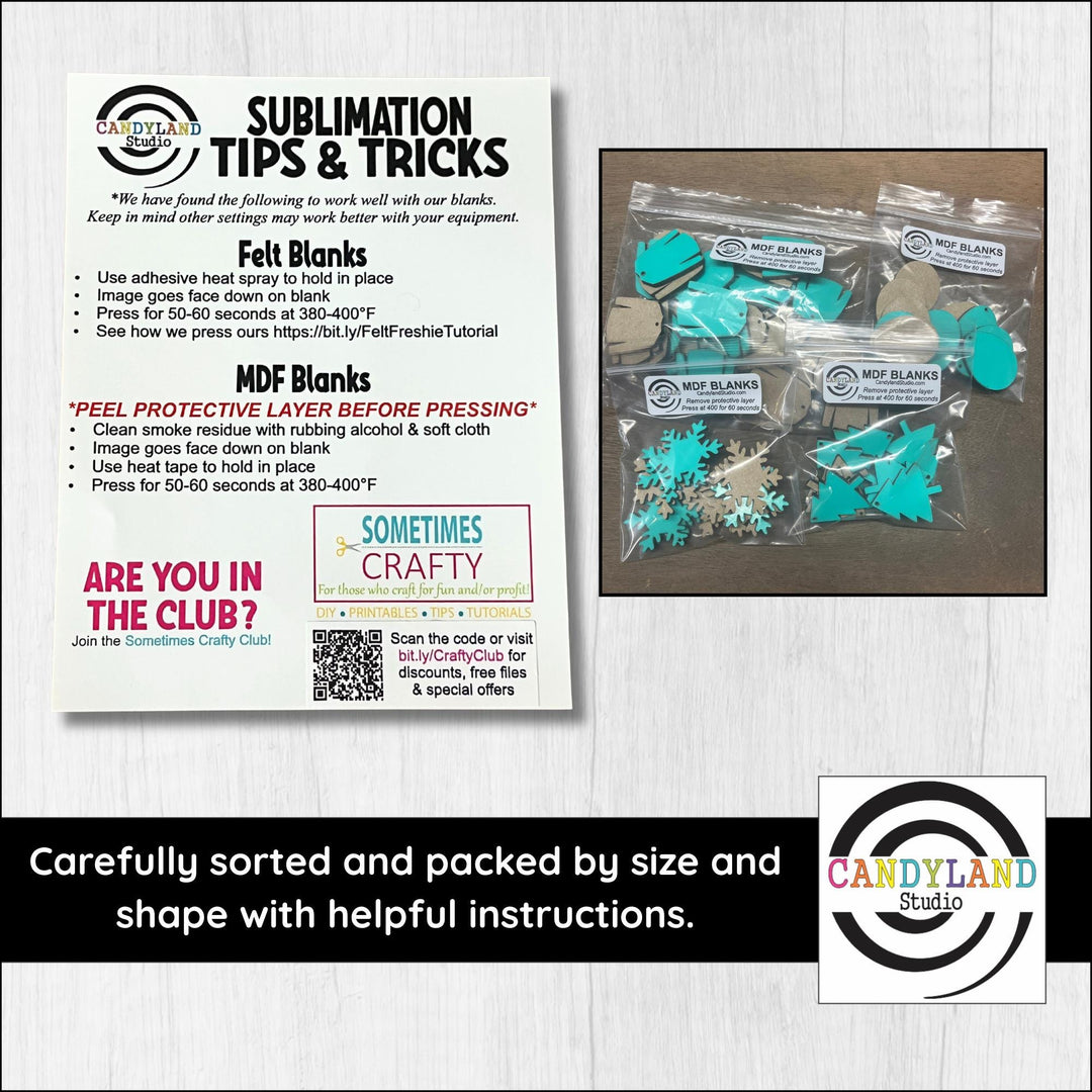 The image is a promotional poster for a crafting studio called "Candyland Studio" that provides tips and tricks for sublimation printing, including advice on using felt blanks, MDF blanks, and peeling protective layers before pressing. The poster also features a collage of images related to the studio's services, such as printed images of felt blanks and MDF blanks, as well as images of completed projects.