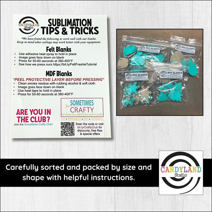 The image is a promotional poster for a crafting studio called "Candyland Studio" that provides tips and tricks for sublimation printing, including advice on using felt blanks, MDF blanks, and peeling protective layers before pressing. The poster also features a collage of images related to the studio's services, such as printed images of felt blanks and MDF blanks, as well as images of completed projects.