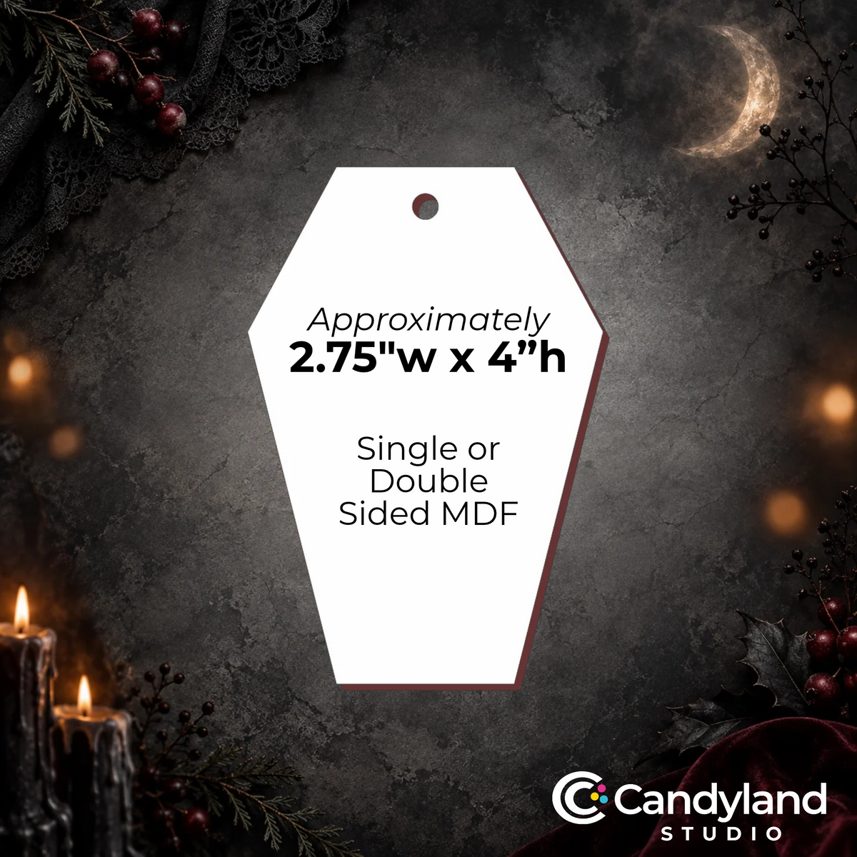 a white tag with text on it, placed against a dark background with a crescent moon and berries.