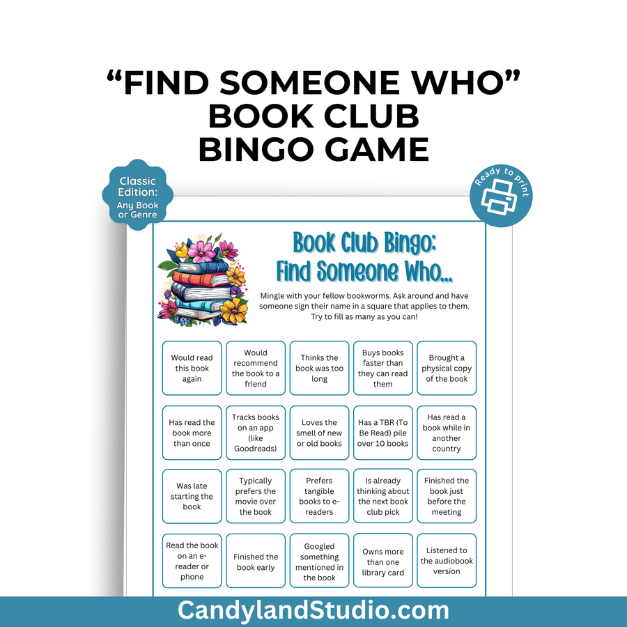 a book club game with the title find someone who's book club game