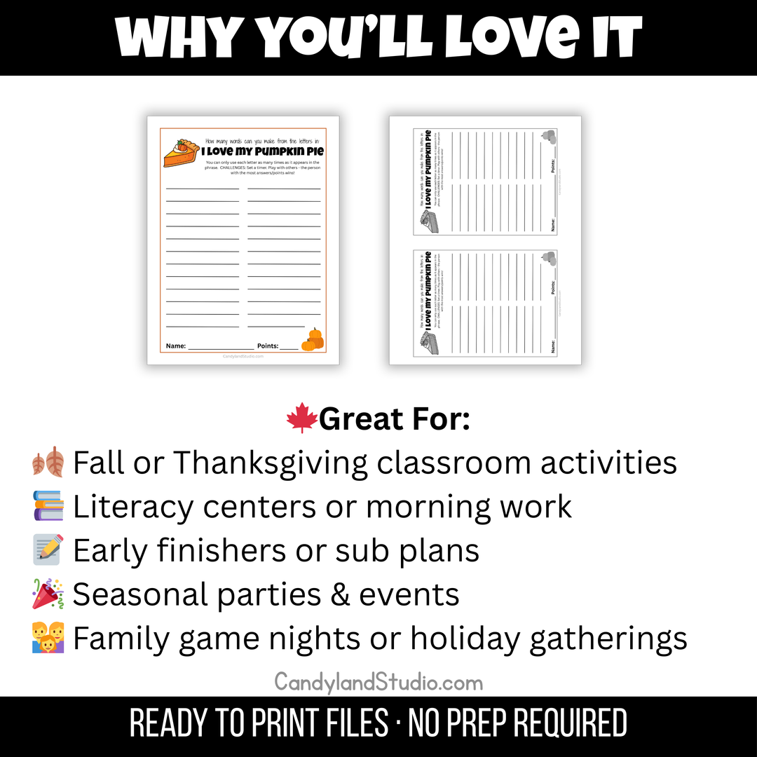 I ♥ My Pumpkin Pie Fall Theme Word Game