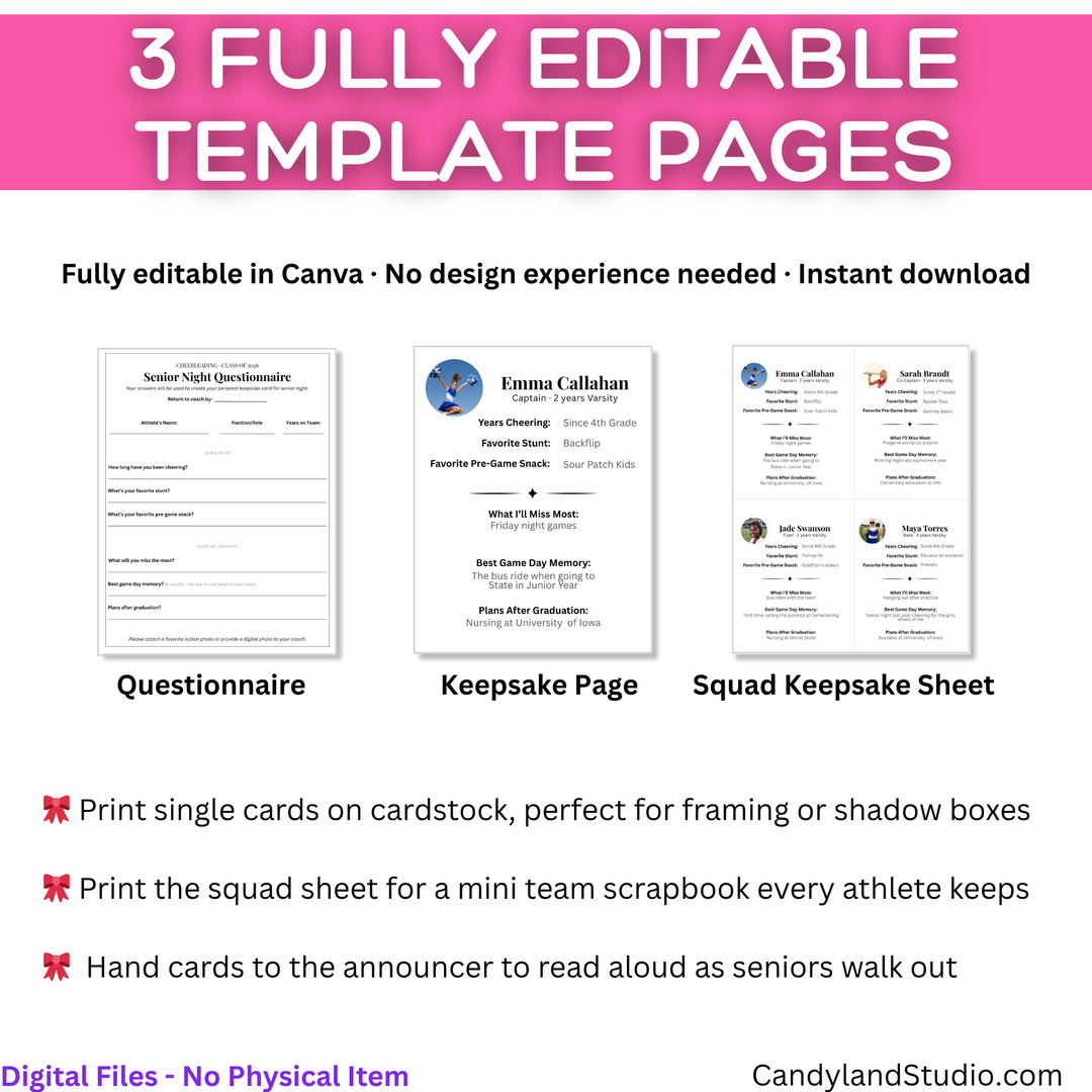 Cheerleading Senior Night Printable Kit | Keepsake Card, Squad Sheet &amp; Questionnaire Template for Canva