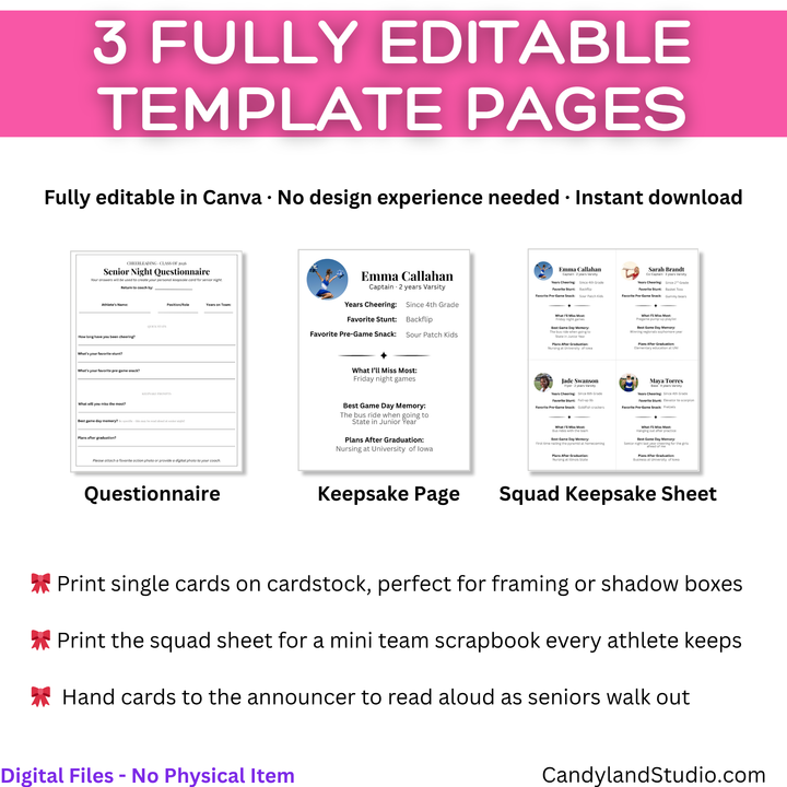 Cheerleading Senior Night Printable Kit | Keepsake Card, Squad Sheet &amp; Questionnaire Template for Canva