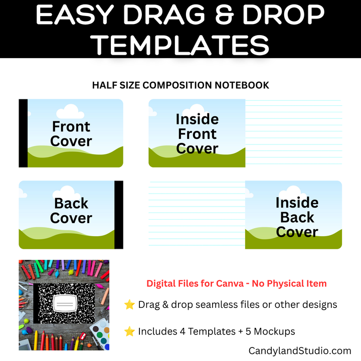 Half Size Composition Notebook Template for Canva + Mockups