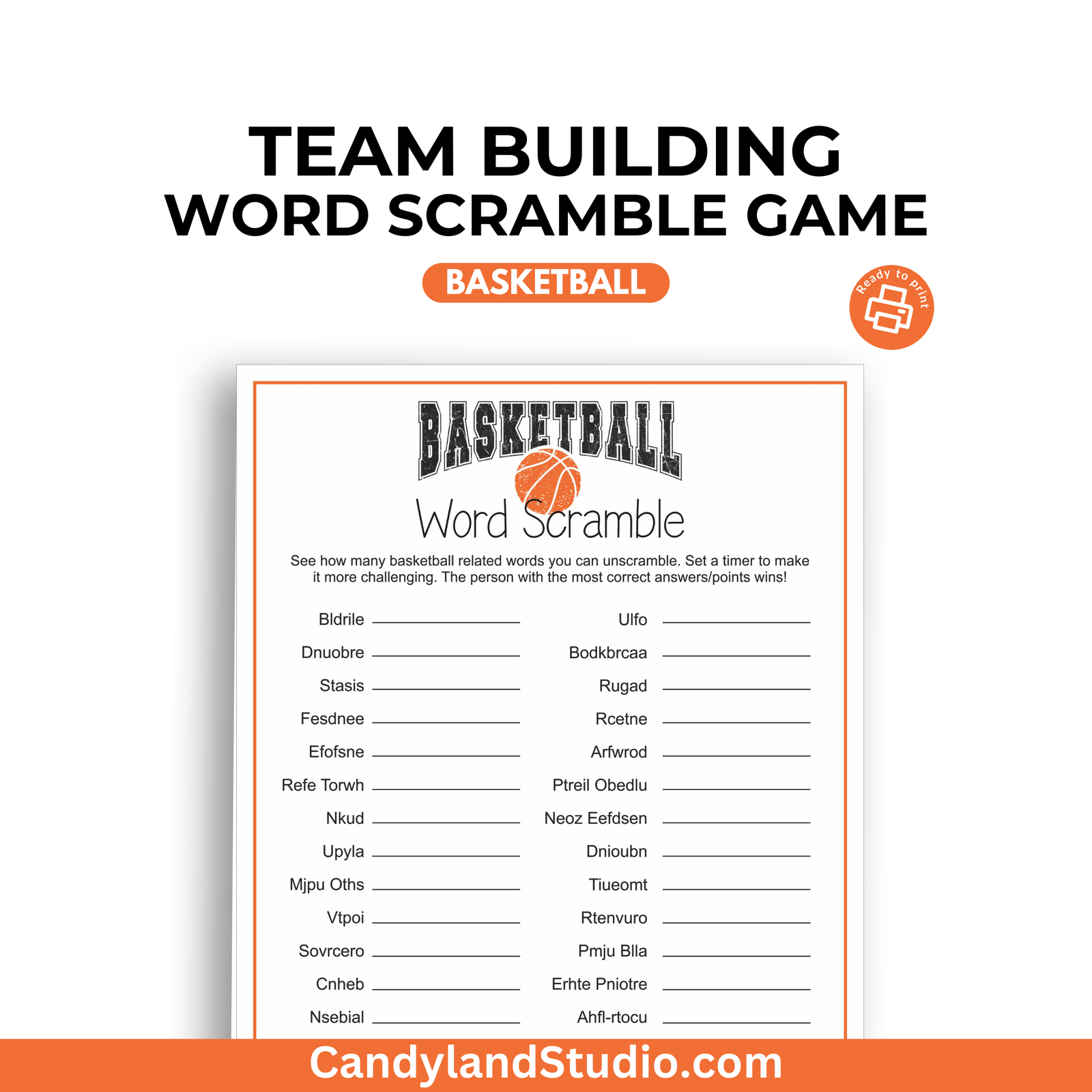 a printable basketball word scramble game