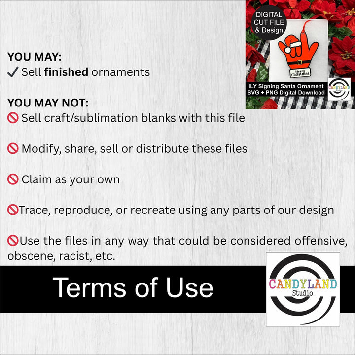 a list of terms of use for a digital cut file and design, along with a warning about the potential misuse of the files.