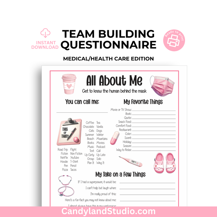 a pink poster with the words team building questionnaire